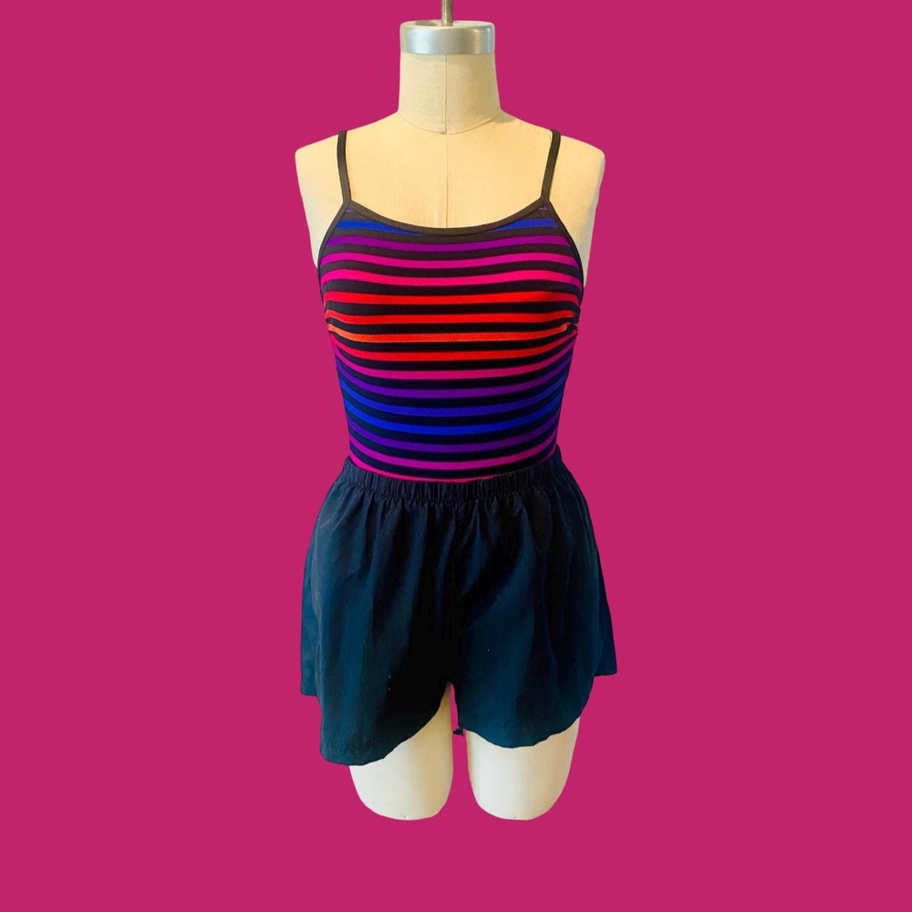 Vintage Le‎ Cove Striped Swimsuit with Built-In Shorts, Size 10